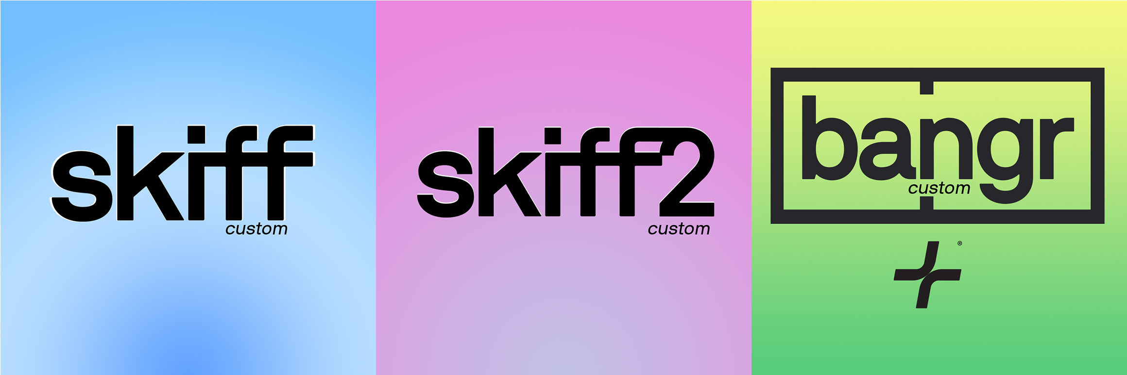 A blue, pink and green banner with skiff, skiff2 and bangr logos